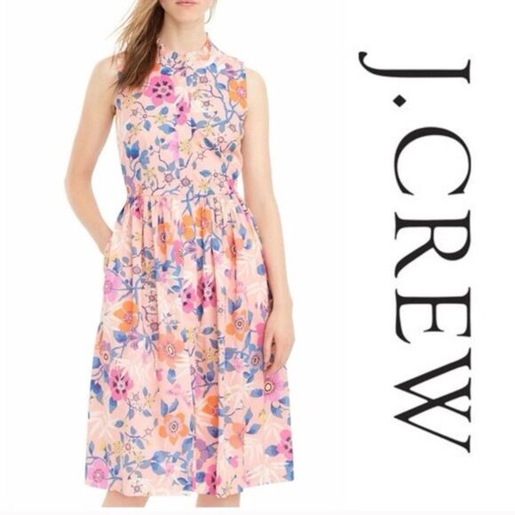 J Crew Liberty London Pavilion Pink Floral High Neck Button Up Midi Dress 00 - Picture 2 of 11